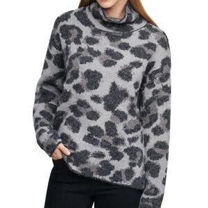 DKNY Split Hem Gray Leopard Animal Print Turtleneck Oversized Sweater Size Small